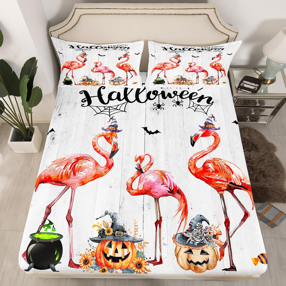 Housse de lit Halloween Manfei pour chambre d'enfant motif flamant rose et tournesol
