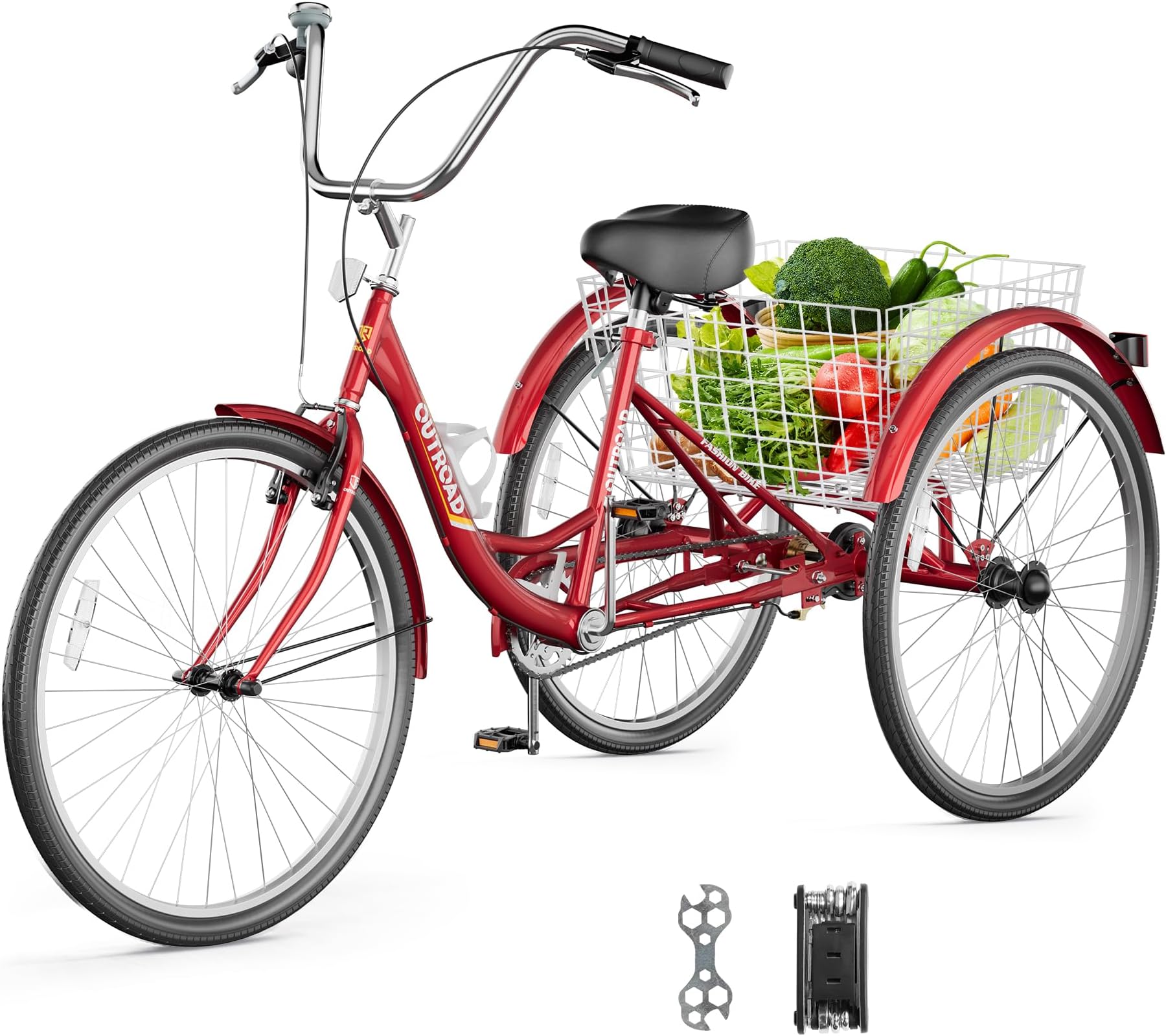 1 Speed Adult Tricycle 24" 3 Wheeled Bike with Large Basket Cruiser Bikes for Women Men Senior Adult Trike for Outdoor Shopping Recreation Picnic (Red)