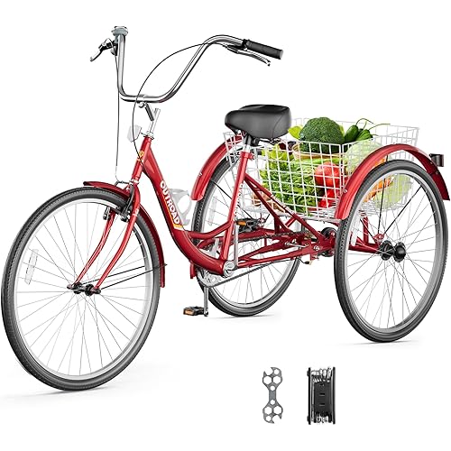 1 Speed Adult Tricycle, 24 Inch 3 Wheel Bikes with Large Basket, Cruiser Bike for Women/Men/Seniors, Adult Trike for Outdoor/Shopping/Recreation/Picnic (Red)