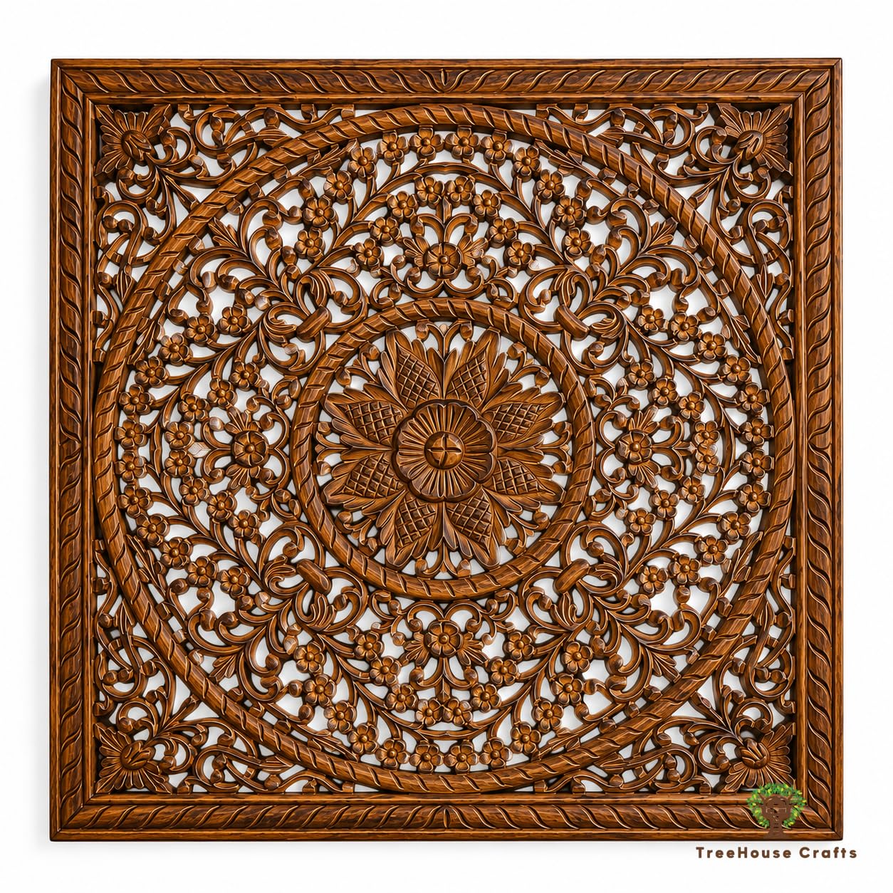 TreeHouse Crafts Handcrafted Decorative Wooden Wall Panel for Living Room, Bedroom & Office Décor, Premium Mango Wood Frame with Intricately Carved MDF Artwork, Large Square Wall Hanging Art Panel, Traditional Floral Carving, Luxury Home Decoration, 36 x 36 Inch-image-14