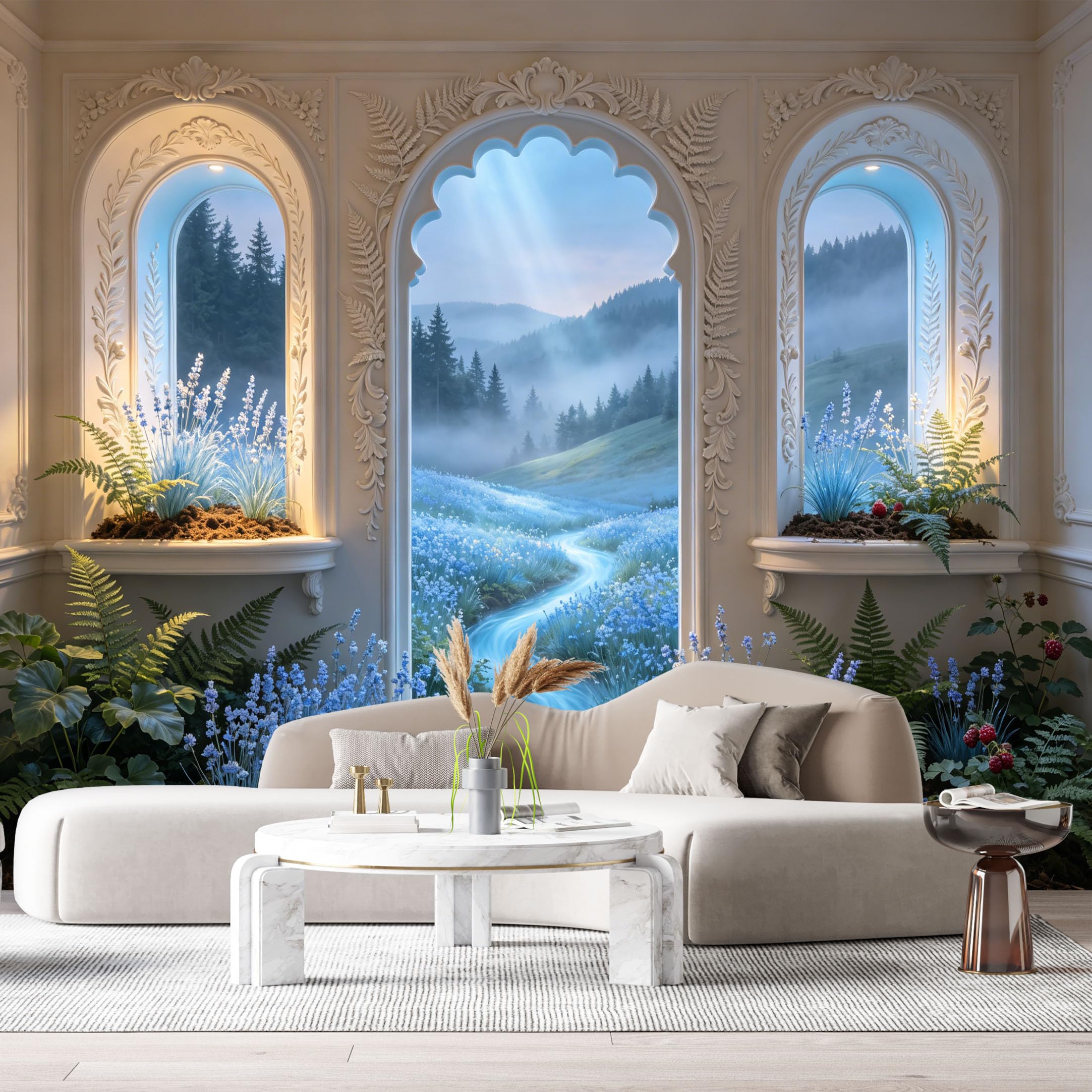 Custom Size Wall Murals Fantasy Interior Arched Windows Blue Wildflowers Misty Forest 3D Trompe L'Oeil SelfAdhesiveWall Fabric Removable Wallpaper Wall Decor for Living Room Bedroom Bathroom