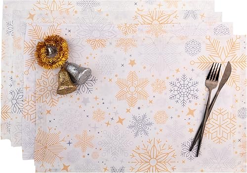 D'Moksha - Manteles individuales de Navidad, aspecto de seda cruda, copos de nieve de 13 x 18 pulgadas, juego de 4 manteles individuales de Navidad