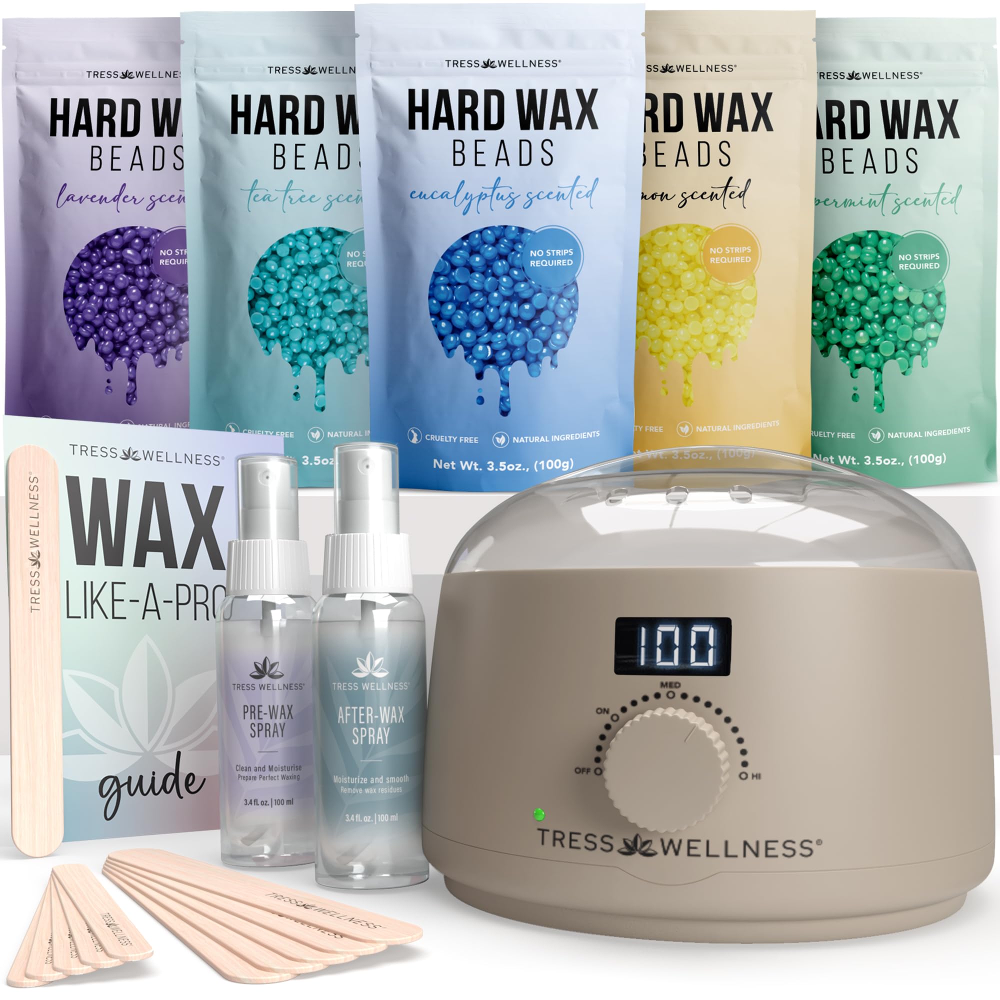 Tress Wellness Waxing Kit for Sensitive Skin – Safe for Face & Skin, Prep & Aftercare Spray, Easy to Use – At-Home Kit for Face, Bikini, Brazilian & Full Body - Digital Display, Beige