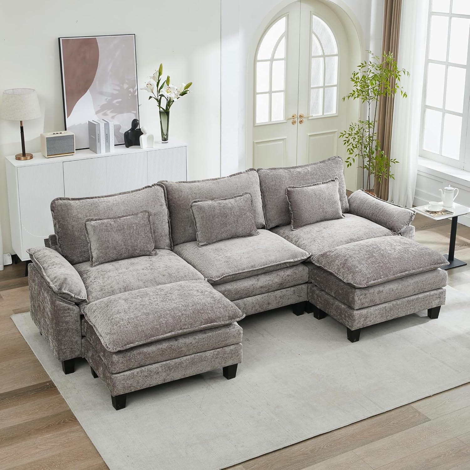 URRED Cloud Couch Modular Sectional Sofa, 122" Modern U Shaped Deep Seat Sofa with 2 Ottomans & Pillows, Ultra Comfy Chenille Couches for Living Room, Bedroom or Apartment, Grey