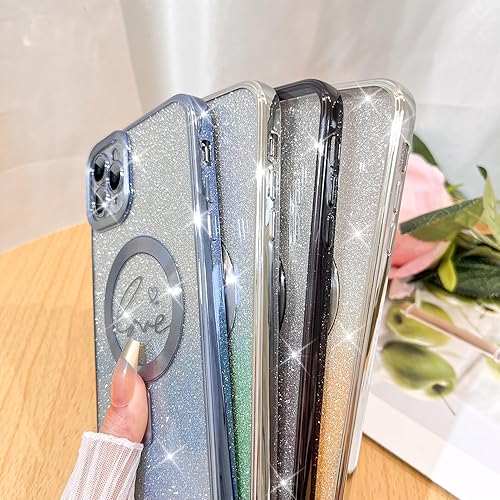 Vista 32 de Fiyart - Funda transparente magnética con purpurina para iPhone 12 para mujeres, con grabado "Love" metálico, protección para cámara y antigolpes