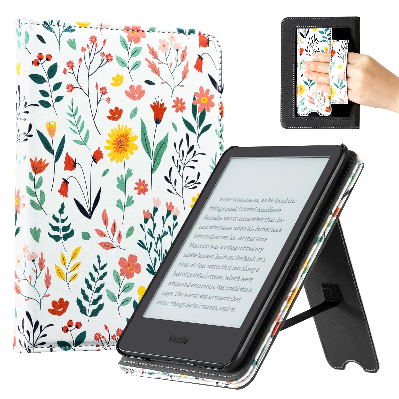 CoBak Case with Stand for 6" Kindle (2024 &amp; 2022, 11th Gen) – PU Leather Smart Cover with Auto Sleep/Wake &amp; Hand Strap, Premium Protective Case for Kindle Basic, Floral