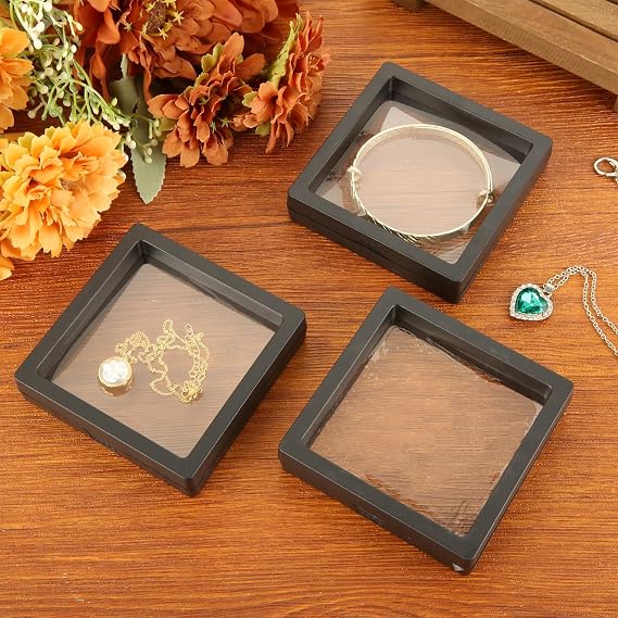 30 Pack 3D Floating Frame Display Holder 3.5”x 3.5”x 0.8”Floating Display Case with Stand, Transparent Frame Display Case for Jewelry Coin Medal Specimen