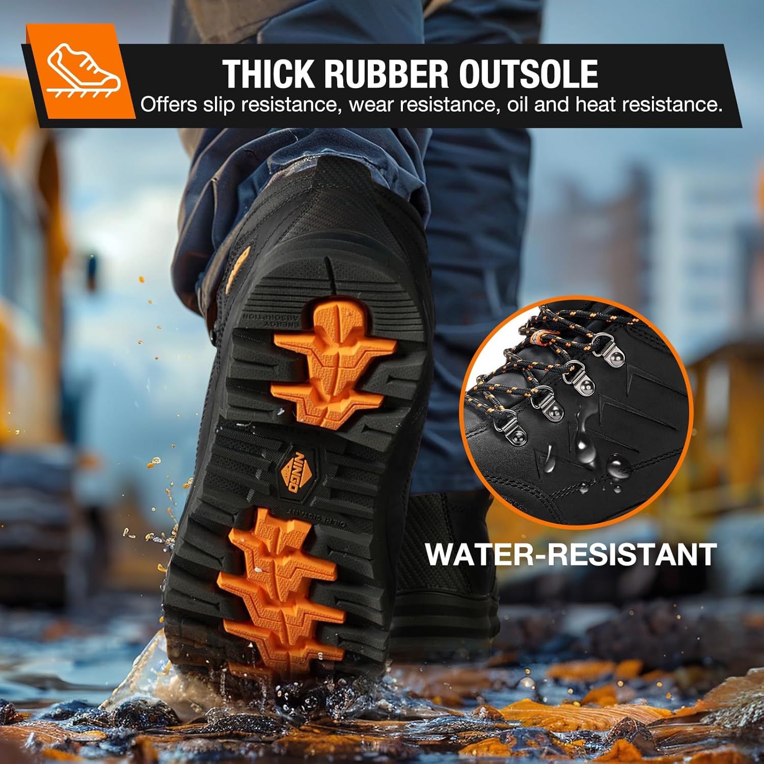 NINGO Mens Steel Toe Work Boots, Full Grain Leather, Oil and Slip Resistant, Puncture Proof Construction Boots with Breathable Lining, Anti-static, Mens Safety Boots for Industrial, Warehouse - Image 4
