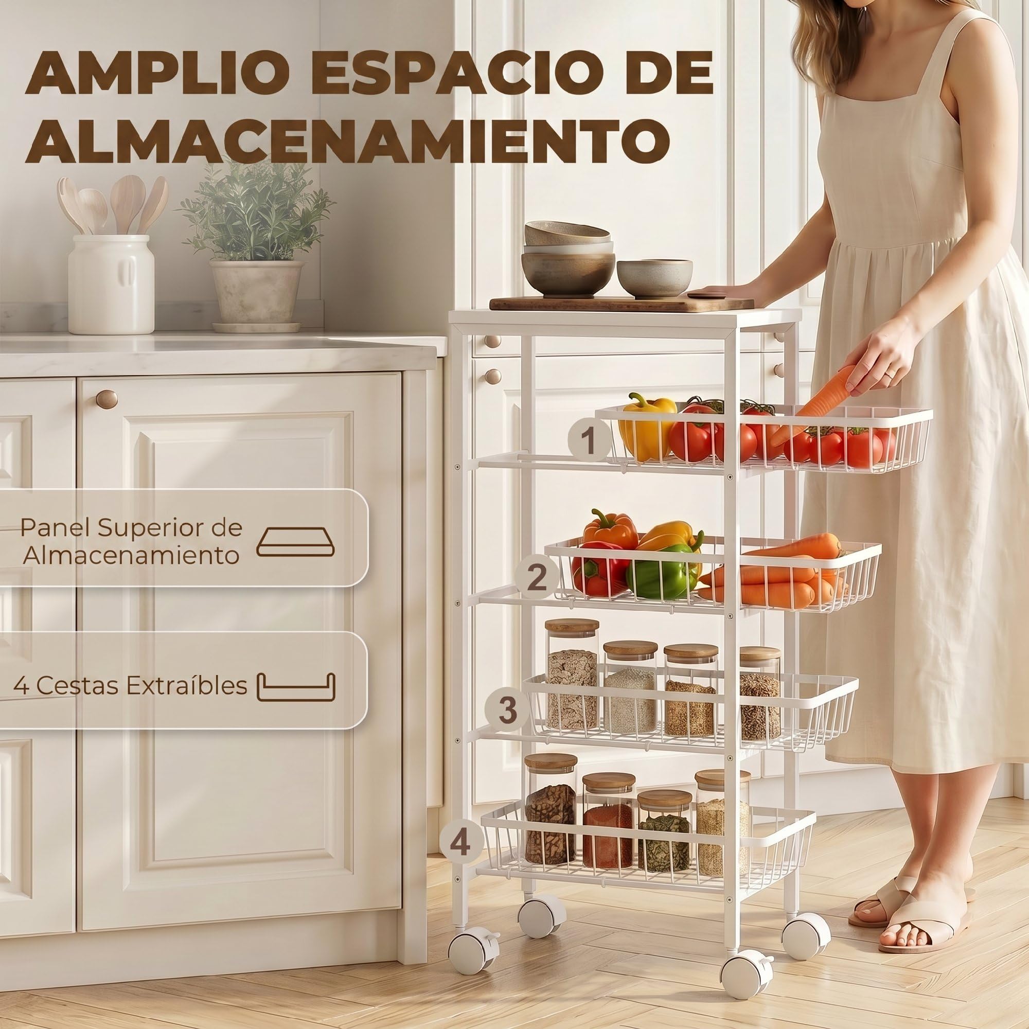 HOMCOM Carrito Auxiliar con Ruedas 4 Cestas Extraíbles 15 kg Blanco | Carrito de Cocina, Marco Metálico, para Comedor, Sala de Estar, Baño, 40x24x82 cm