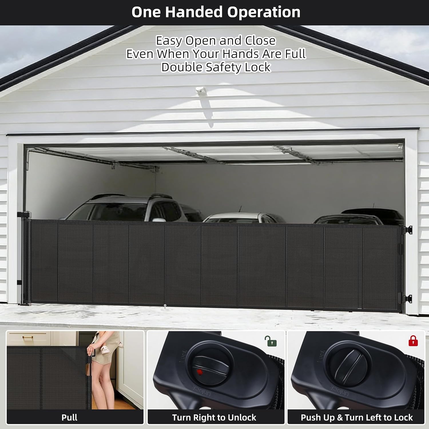 Retractable Baby & Pet Gate, 236″L x 42″H Extra Wide Mesh Retractable Dog Gate, 7 Reinforced Rods & Suction Cups, Safety Lock, One-Hand Operation,16 FT Easy Install for Indoor Outdoor, Black