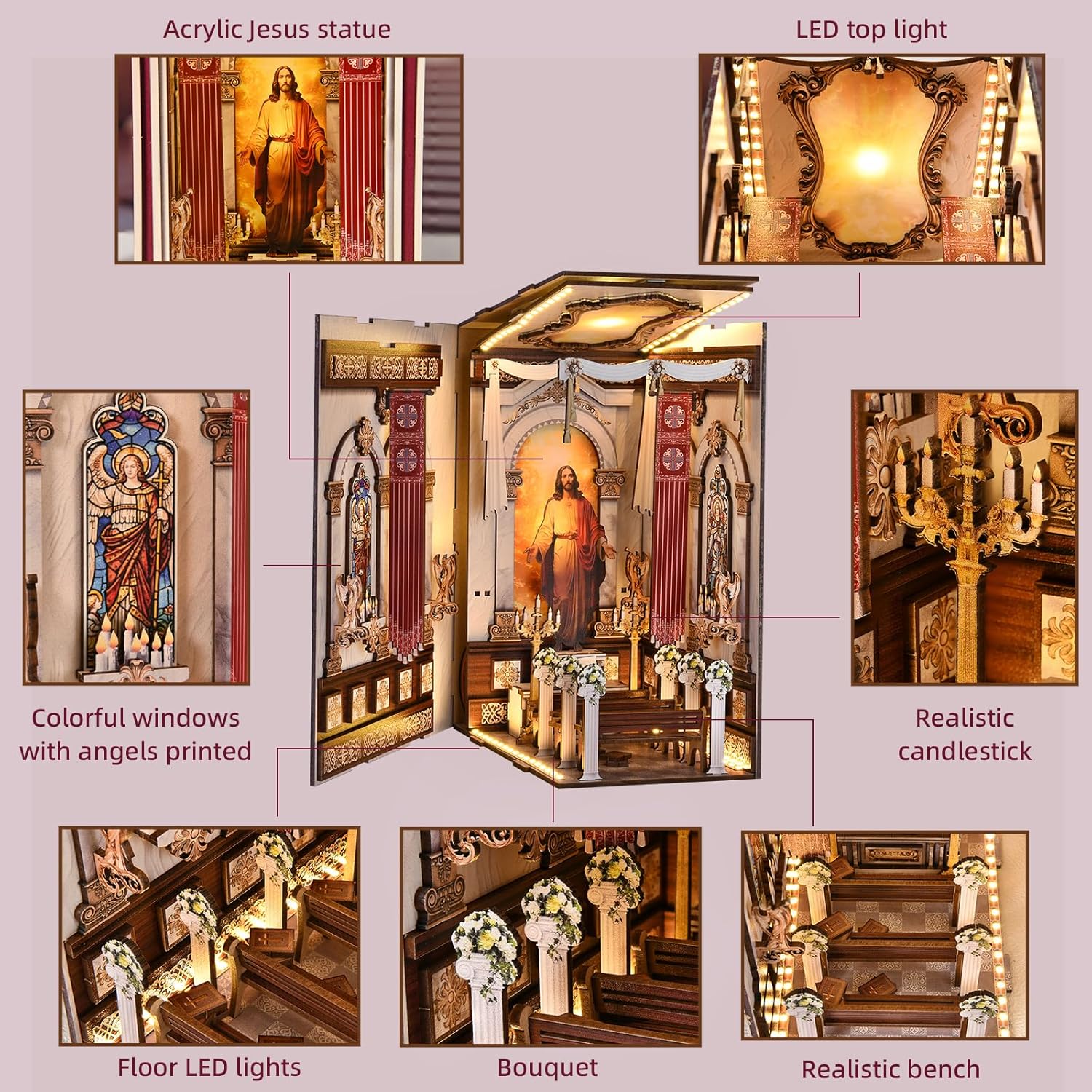 Book Nook DIY Kit,3D Wooden Puzzle with LED Bookend Bookshelf Decoration,Miniature Doll House for Home Decor, Jesus Christ Spiritual Gift,Cathedral