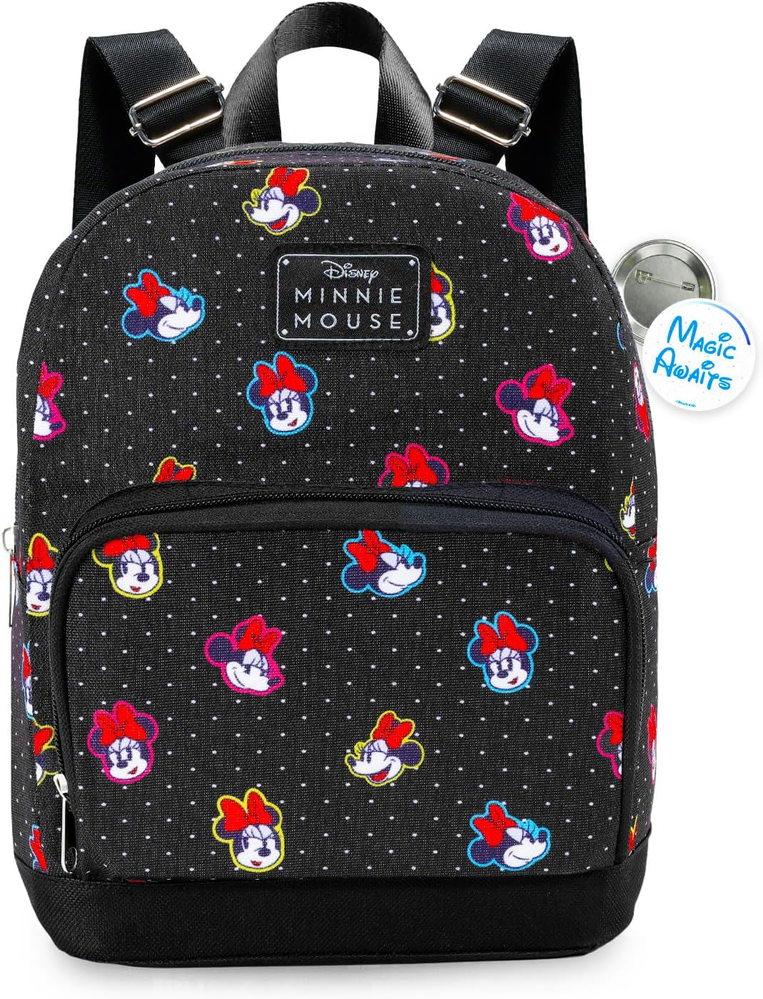 Minnie Mouse Mini Backpack - 10" Iconic Woven Small Backpack with Front Pocket and Button Bundle | Adjusts to Fit Kids, Toddlers, Teens, Women, Girls