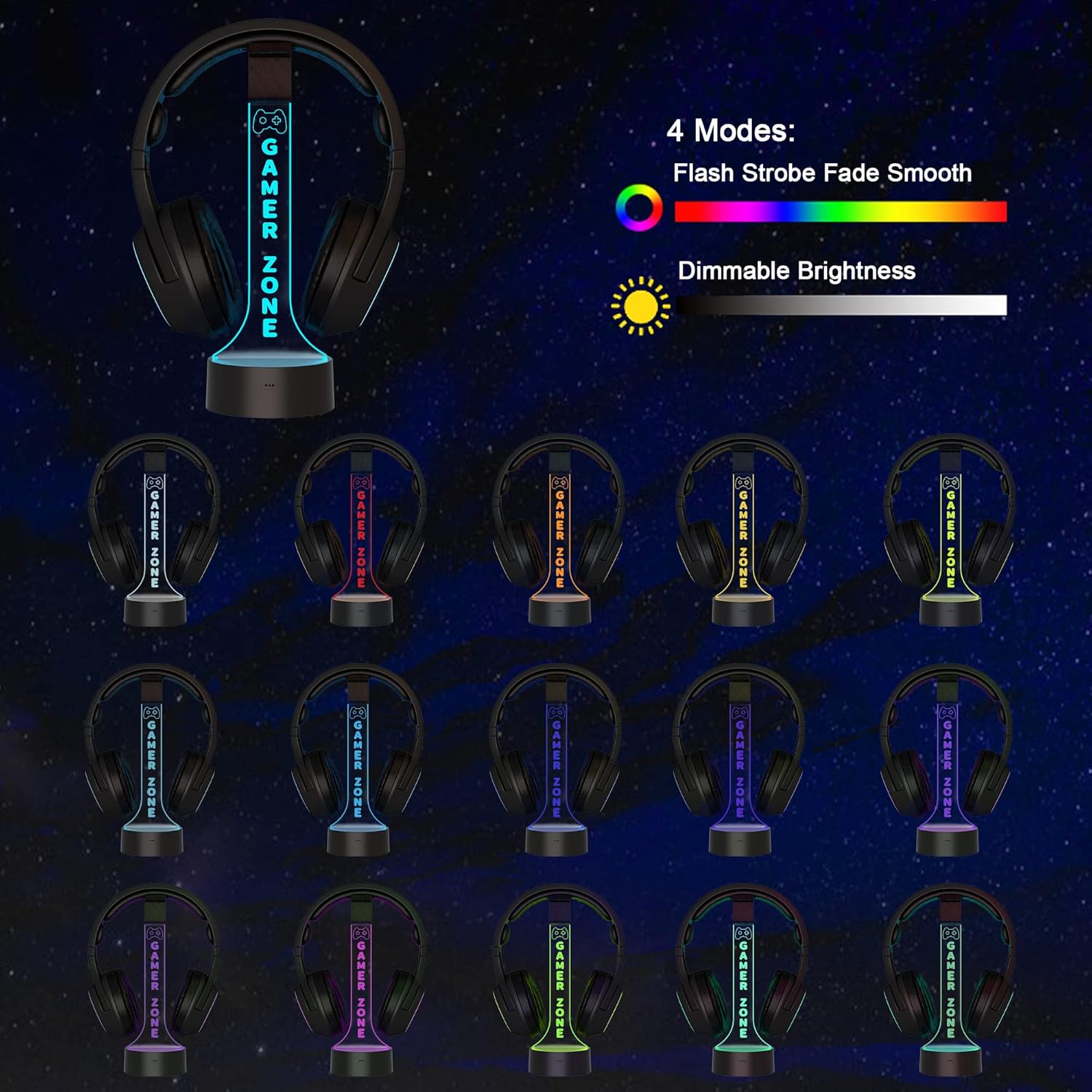 YuanDian Light up Headphone Stand for Desk, Gaming Headset Holder RGB with 16 Color Lights for Game Room Decor, Cool Gamer Gifts for Men Boyfriend (Gamer Zone) - Image 2