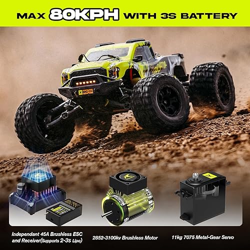 Miniatura 10 de AMORIL 110 RTR - Autos RC rápidos sin escobillas para adultos, camión monstruo eléctrico todoterreno de 50 mph, impermeable, de alta velocidad, auto