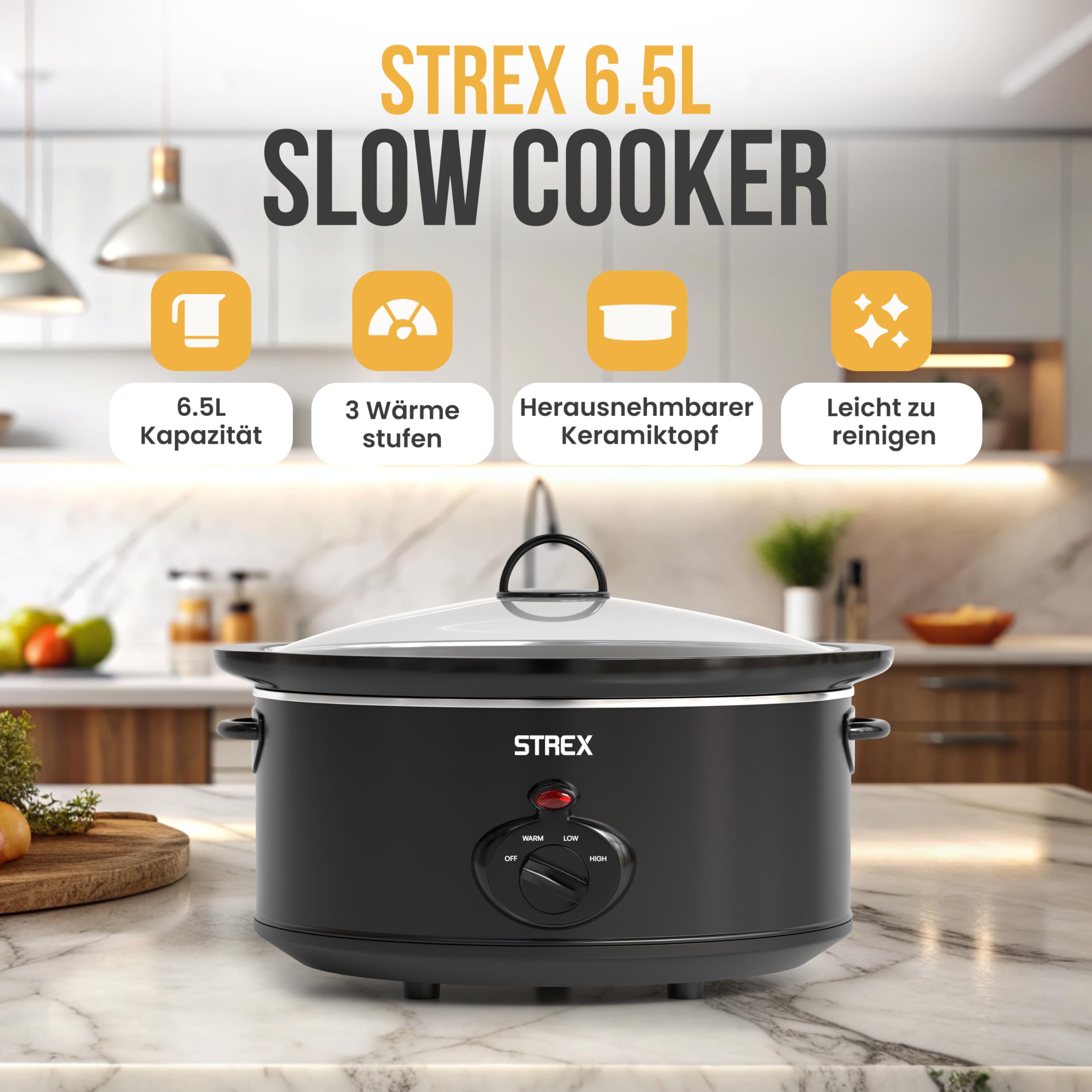 Strex Schongarer Slowcooker 6.5L - Herausnehmbarer Keramik-Innenbehälter - Warmhaltefunktion - Slow Cooker - Schwarz