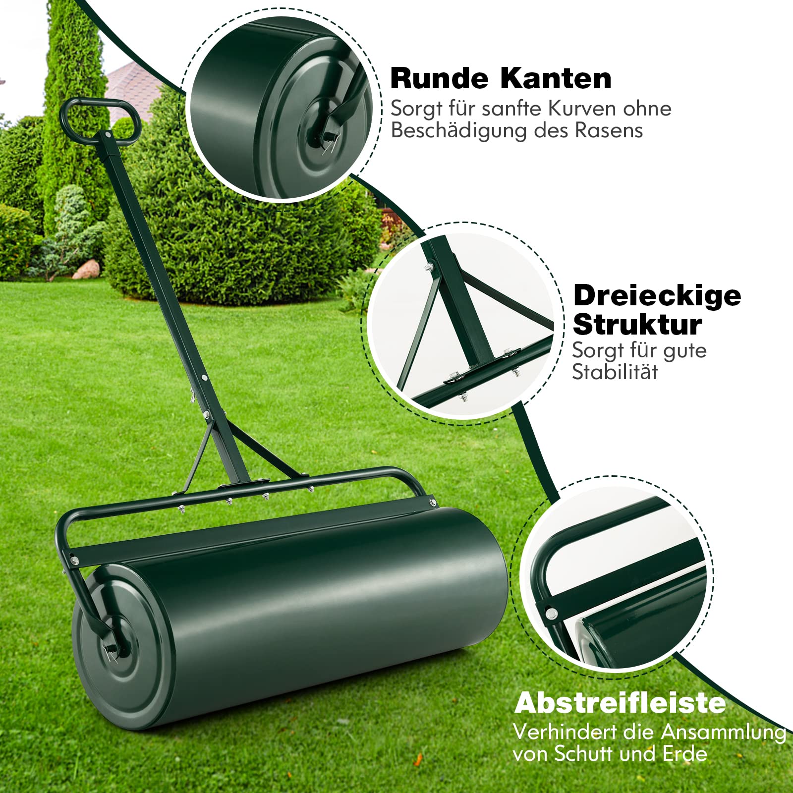 FANTASK Rodillo de Metal para césped de 30 cm de diámetro, con Mango de 63 L, Resistente Tambor rellenable con Agua y Arena