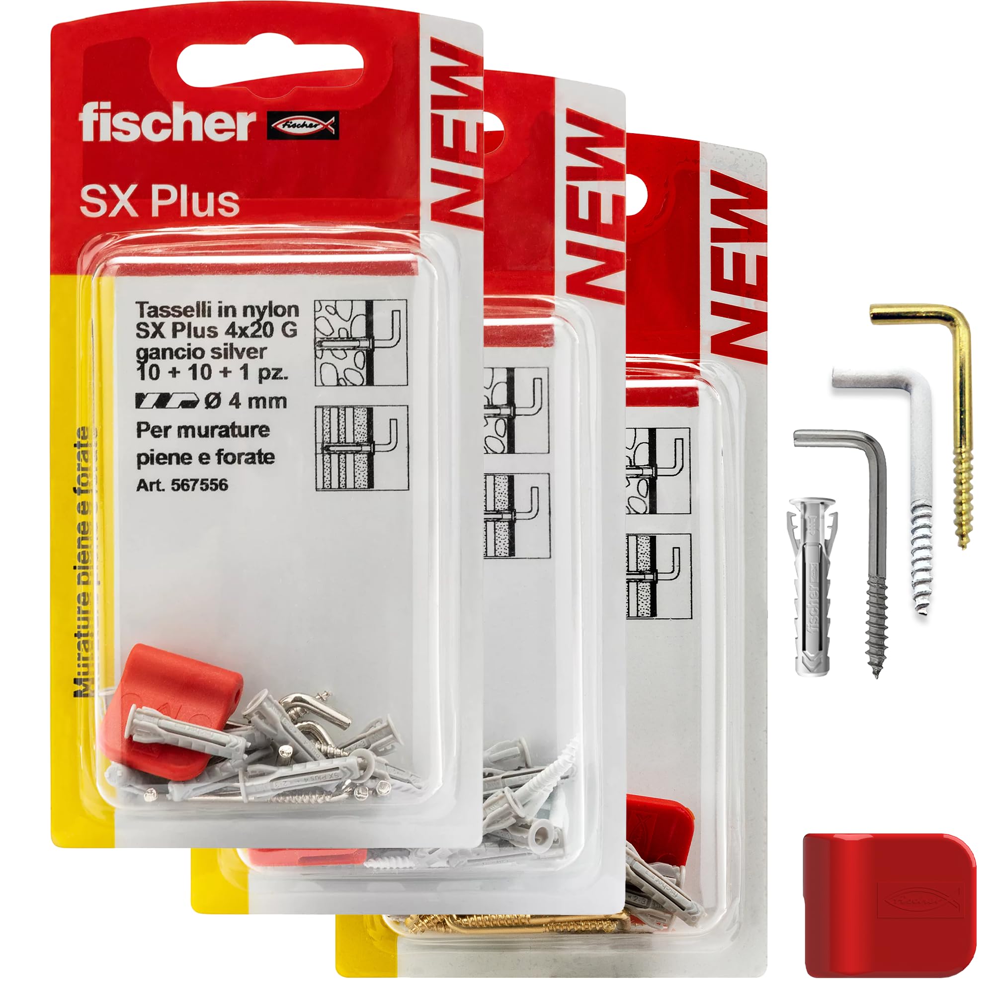 Fischer Tasselli SX Plus 4 G con Gancio Appendi Quadri, 30 Pz, Silver + Bianco + Gold, Installazione Pulita su Muro per Cornici Pesanti
