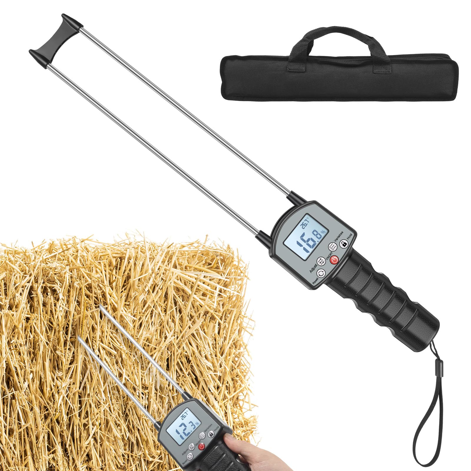 Medidor de humedad de heno digital 0-80% con retroiluminación LCD portátil para alfalfa forraje cereales hierba