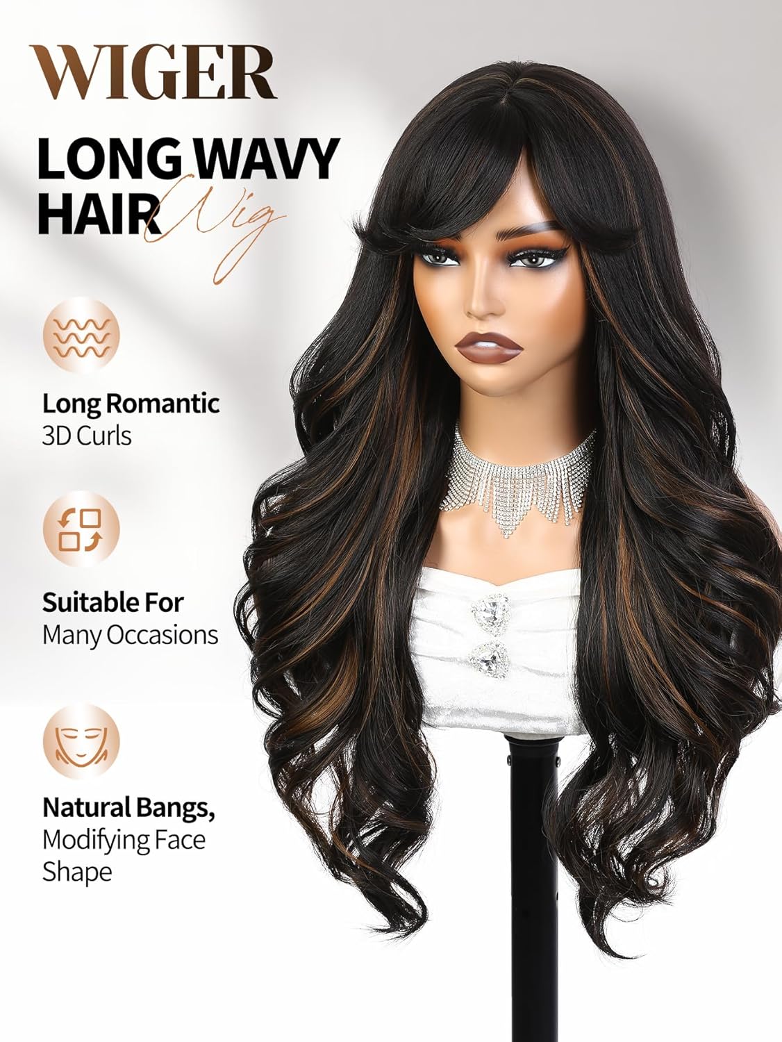 WIGER Brown Highlight Long Curly Wigs Layered Wavy Hair with Bangs Synthetic Full Wig for Women Daily Use