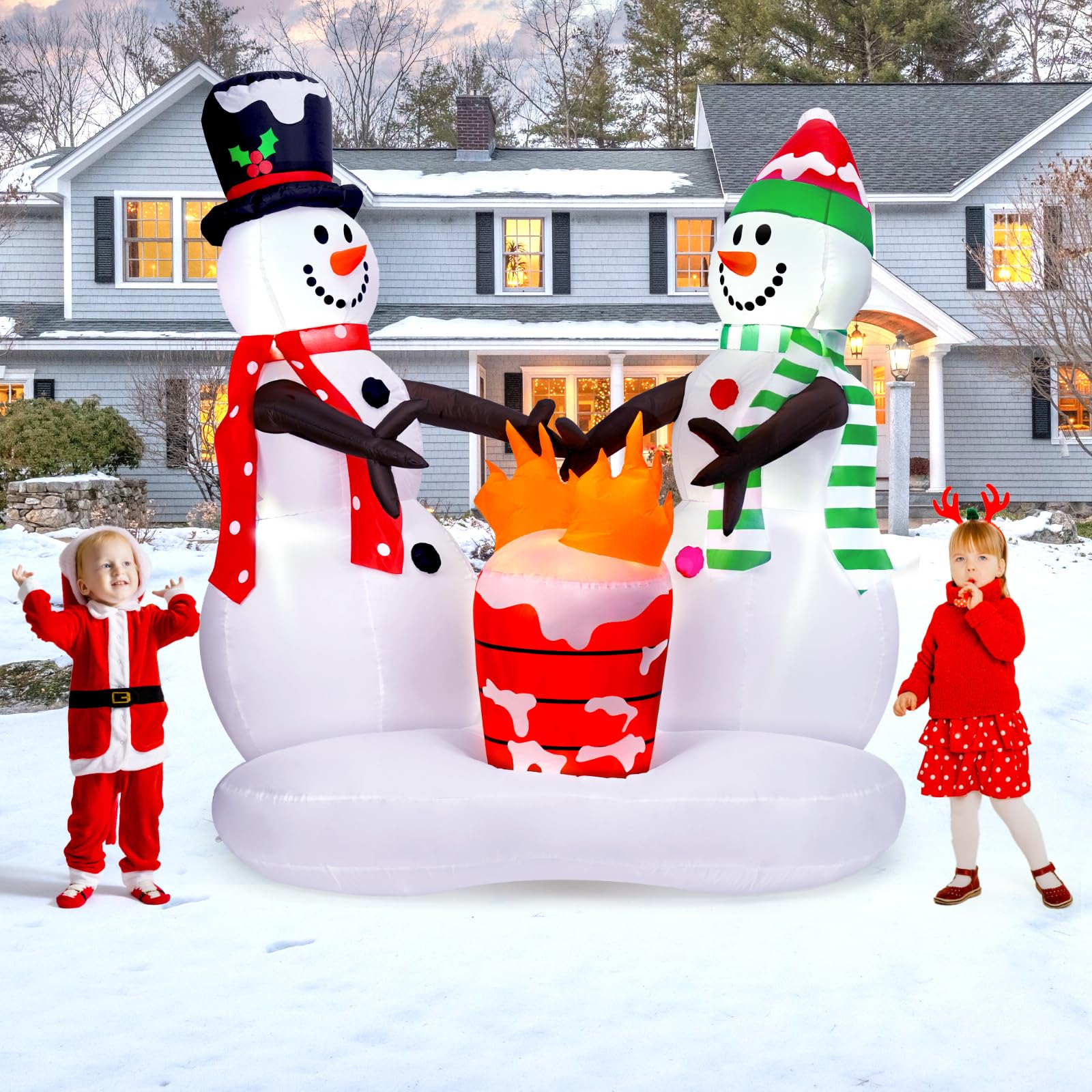 Décoration de Noël extérieure - Bonhommes de neige gonflables de 2,4 m avec flamme de feu - Décorations de cour gonflables avec LED intégrée pour extérieur, pelouse, cour, jardin