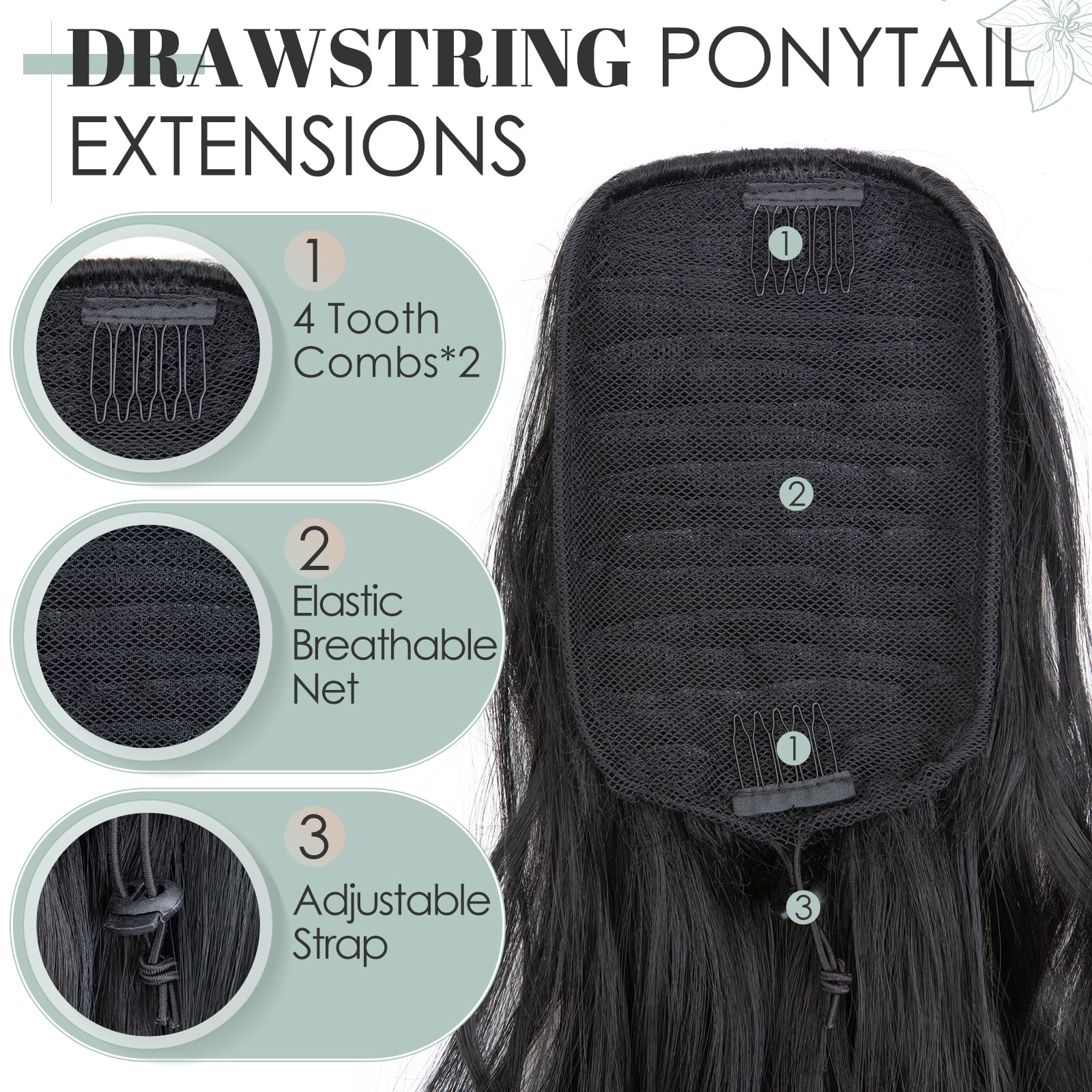 TESS Wavy Ponytail Extension, Drawstring Clip in Ponytail Hair Extensions, Long Hair Extensions Ponytail, 26 Inches 120g, Jet Black - Image 4