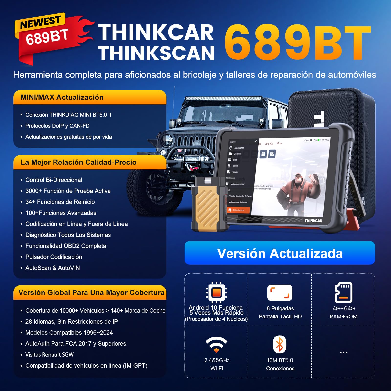 OBD2 Diagnosis, ThinkScan 689BT Diagnosis Coche Multimarca de Todos Sistema | Y 34+ Funciones de Reinicio, Diagnosis Coche Con Control Bi-Direccional/Prueba Activa-Actualizaciones Gratuitas de Por Vida