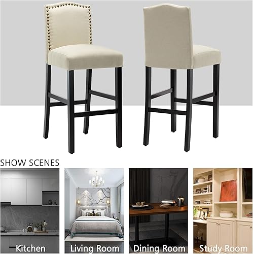Miniatura 5 de LSSPAID Juego de 2 taburetes de bar, sillas de bar de isla de cocina de 28.5 pulgadas, taburete de bar de tela con cabeza de clavo, taburetes de bar