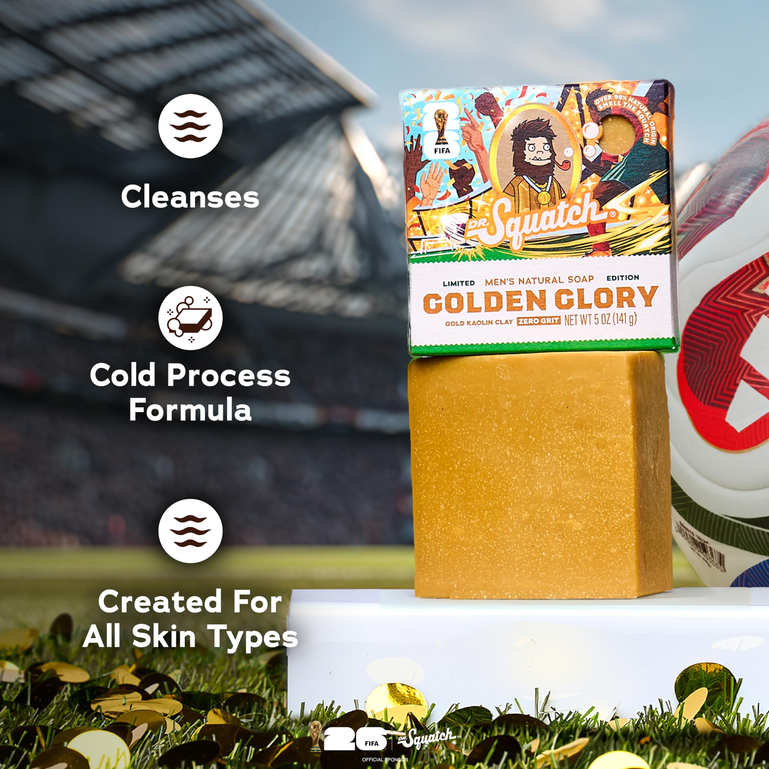 Dr. Squatch Natural Men's Bar Soap – limitowana edycja FIFA World Cup 2026, inspirowane prezenty dla mężczyzn – Natural Cold Process Soap Bar – Golden Glory (142 g)