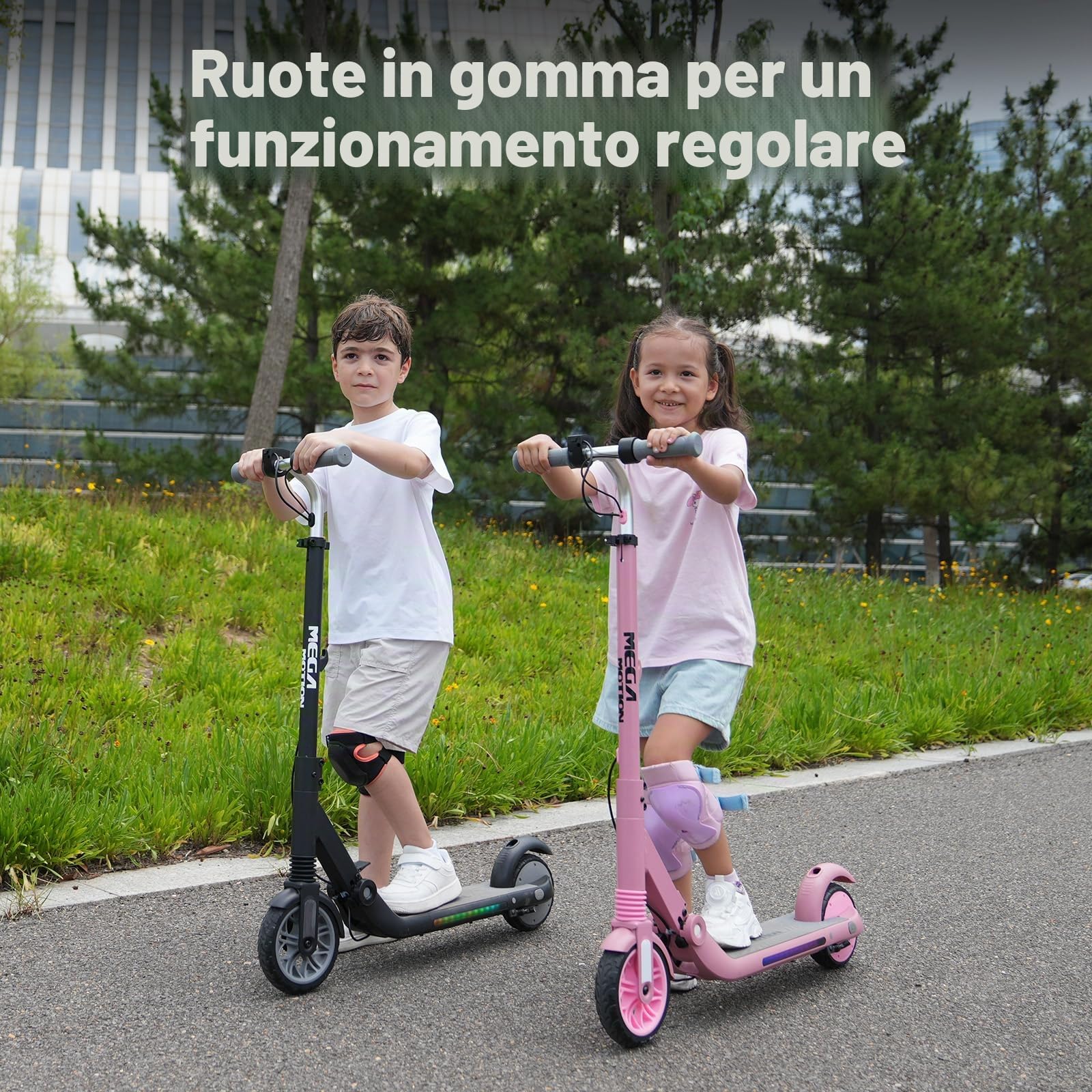 MEGA MOTION Monopattino elettrico per bambini - 3 modalità di velocità, motore da 150 W, velocità massima 16 km/h, pieghevole, altezza del manubrio regolabile, ruote da 6", luce laterale a LED