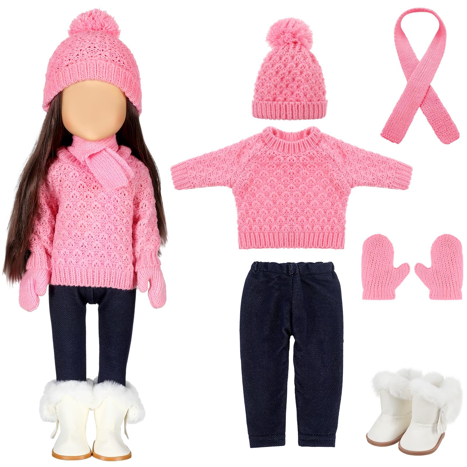 Bencailor 18 Inch Doll Clothes and Accessories Winter Outfits Set Sweaters Trousers Hats Shoes for 18 Inch Doll Gifts(Bight Pink)
