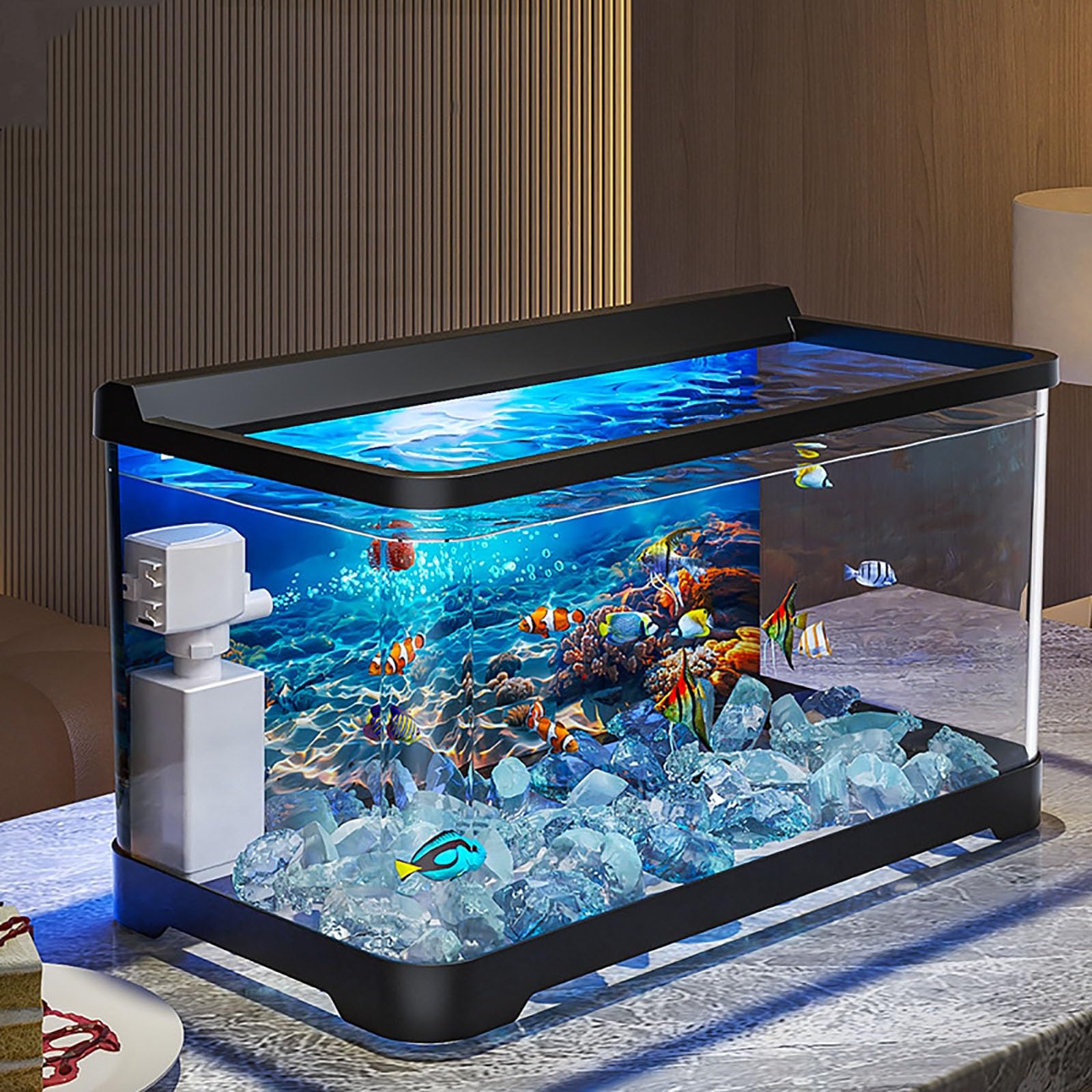 Acquario Per Pesci,Acquario Per Acquario Finto, Acquario Betta,Lampada Decorativa Per Acquario Finto Piccoli Acquari Per La Decorazione Paesaggistica(Black)