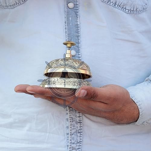 Miniatura 9 de Campana de escritorio clásica de latón macizo con obra de arte tradicional  Campana de oficina de escritorio ruidosa  Nagina International (latón
