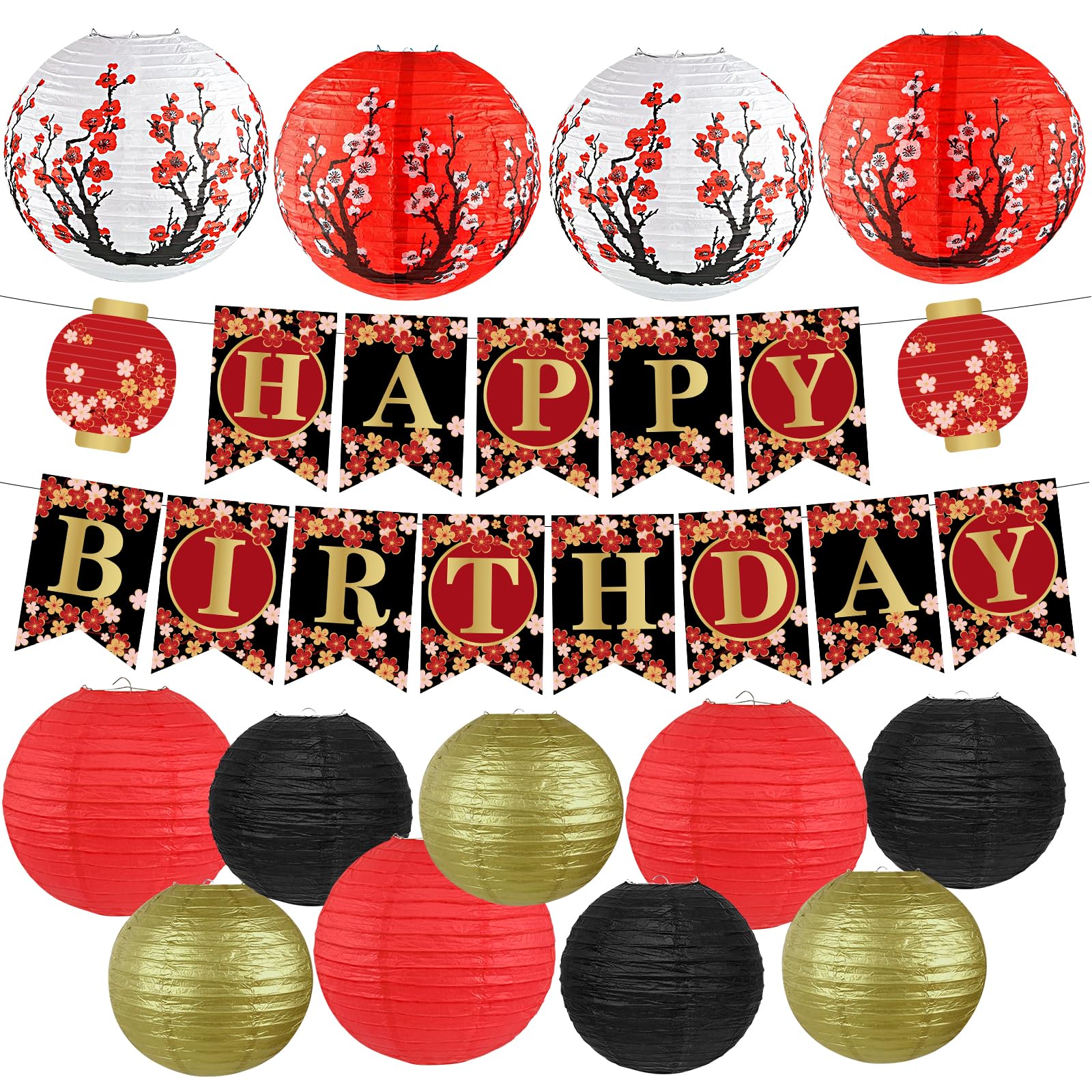 14Pcs Hibachi Party Decorations, Chinese Japanese Party Supplies, Red Black and Gold Birthday Paper Lanterns Kit (8" 10" 12"), Cherry Blossom Banner