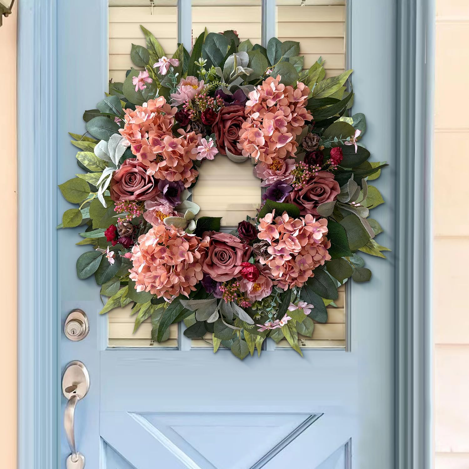 WANNA-CUL 24 Inch Spring Hydrangea Wreaths for Front Door,Spring Mothers Day Front Door Wreath with Pink Rose and Peony Flower for Valentines Day,Wedding or Indoor&Outdoor Decoration - Image 2