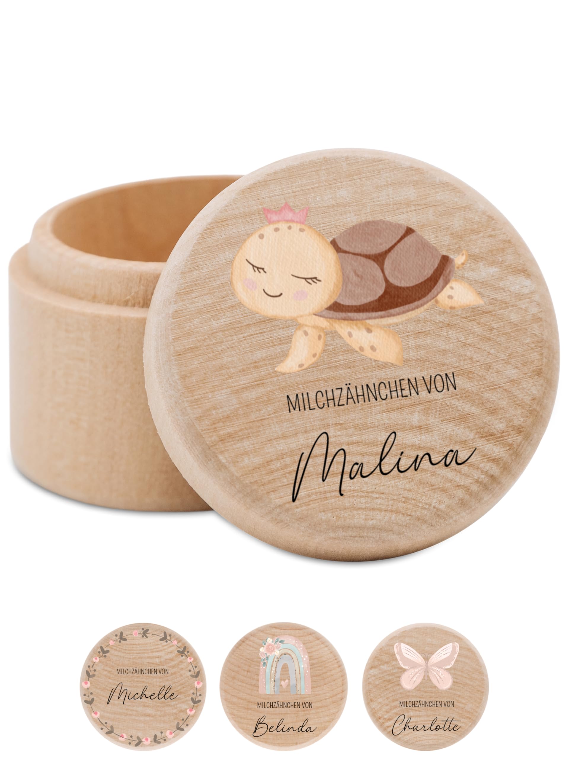 Bärenfreunde - Milchzahndose personalisiert aus Holz mit kinderfreundlichem UV-Druck - Zahndose Milchzähne als Erinnerung an die ersten Zähnchen (Schildkröte Krone)