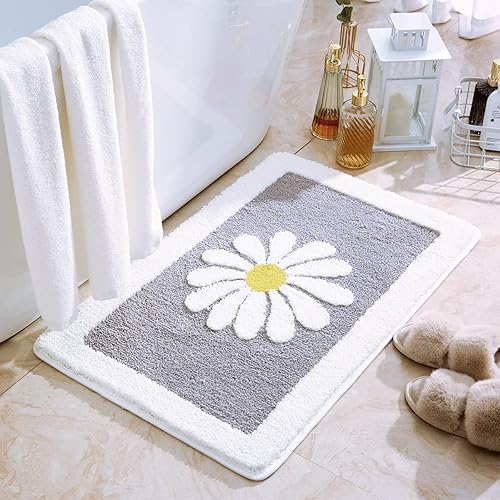 Dorruger Alfombras de baño, alfombras de baño de flores blancas, esponjosas, suaves, de fibra superfina, antideslizante, lavable a máquina (16 x 24