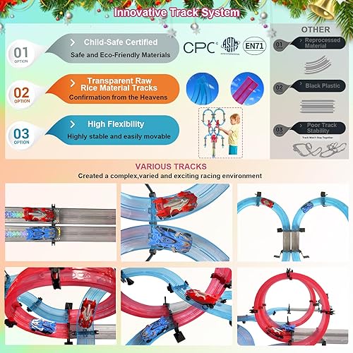 Miniatura 3 de Juego de pistas de carreras de autos de juguete de doble pista para 2 jugadores con 4 autos de carreras de alta velocidad, bucles de 360, giros y