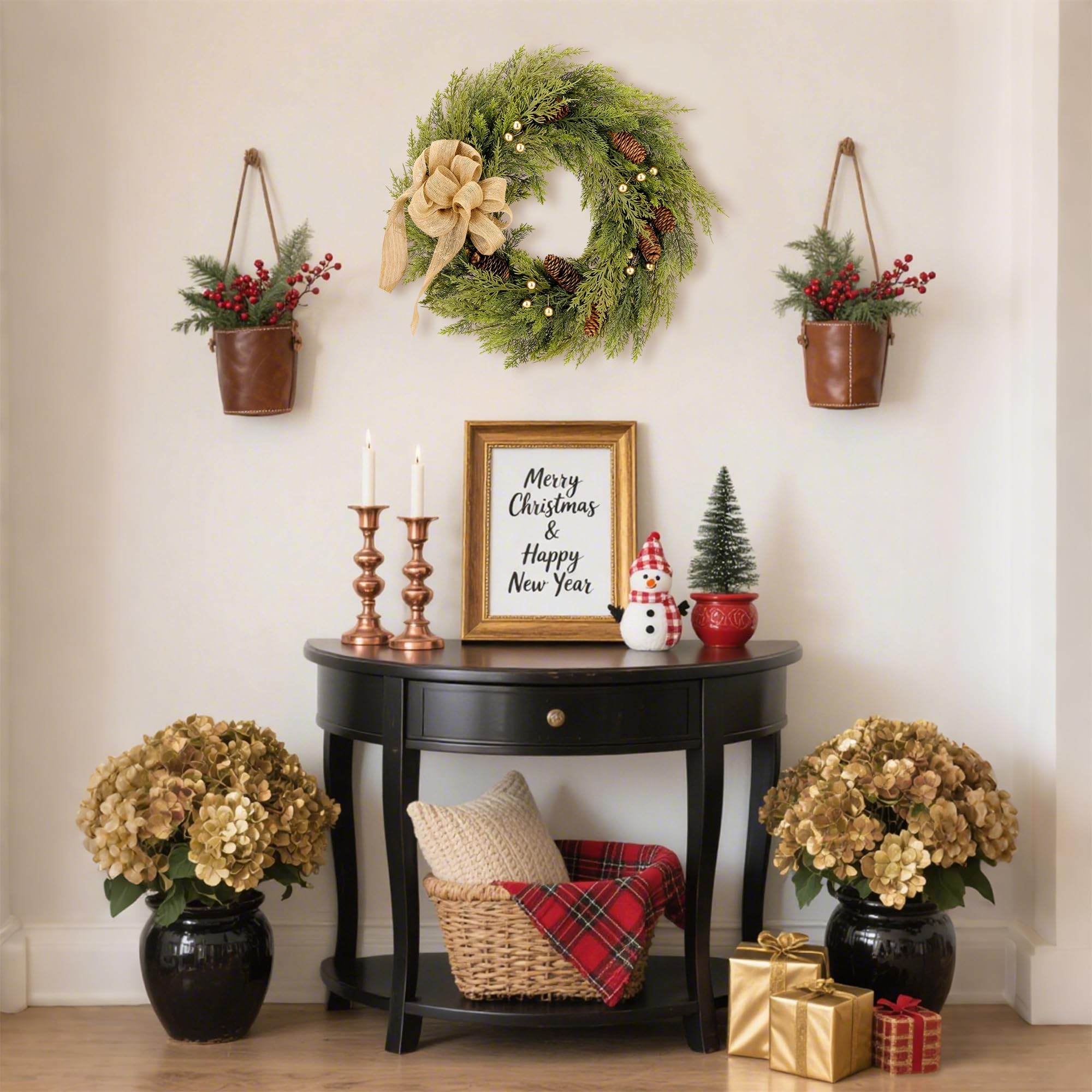 Zavothy 2PCS Türkranz Weihnachten 50 cm, Weihnachtskranz, Künstlicher Kranz mit Tannenzapfen und Weihnachtskugeln, Adventskranz, Weihnachtsdeko, Haustür Dekoration, Grün