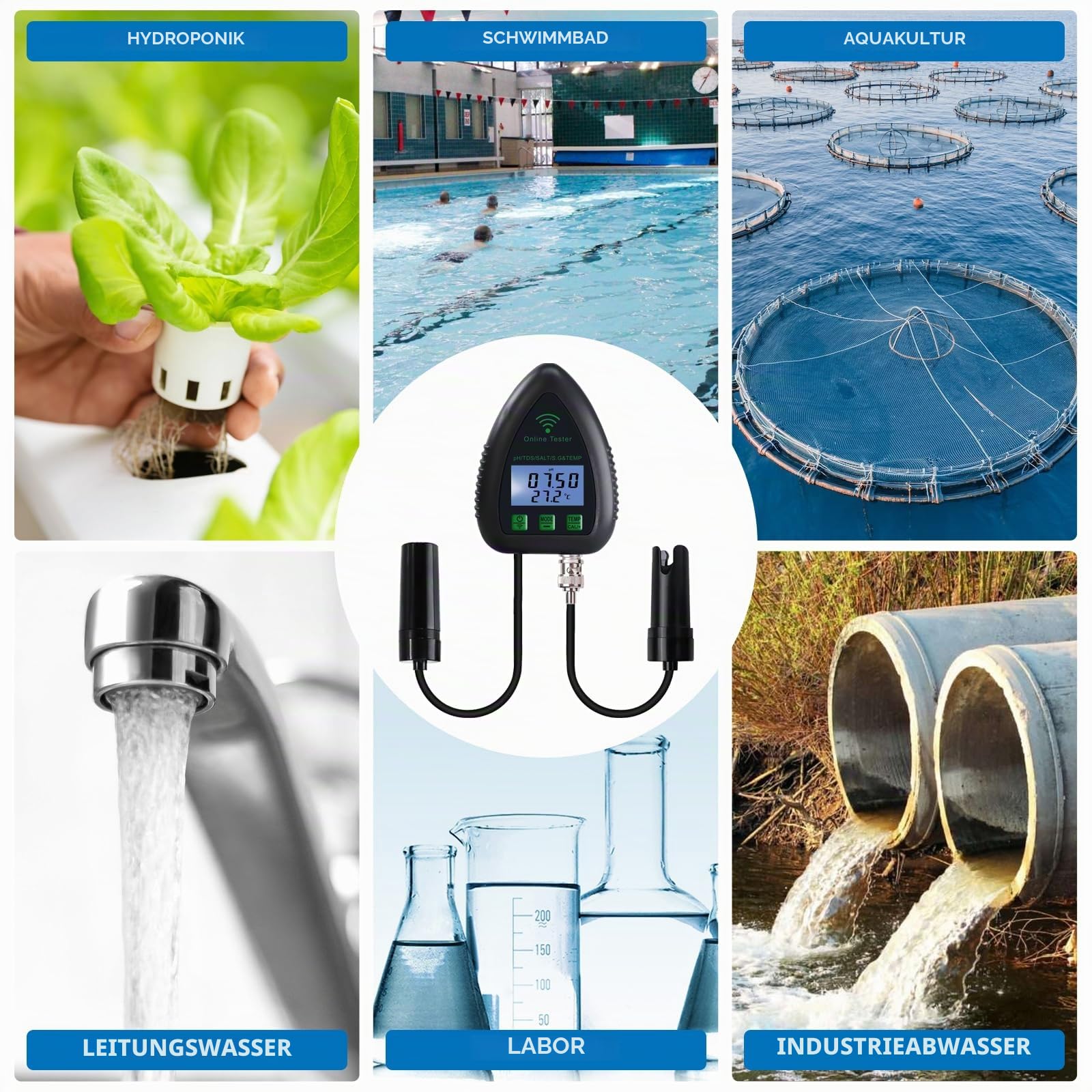 5-in-1 WiFi pH Monitor, Wassergüteprüfer, pH/S.G/TDS/Salz/Temperatur 24/7 Online-Hydroponiküberwachung mit Datenprotokollierung und Alarm für Aquarium, Fischteich, Salzwasserpool
