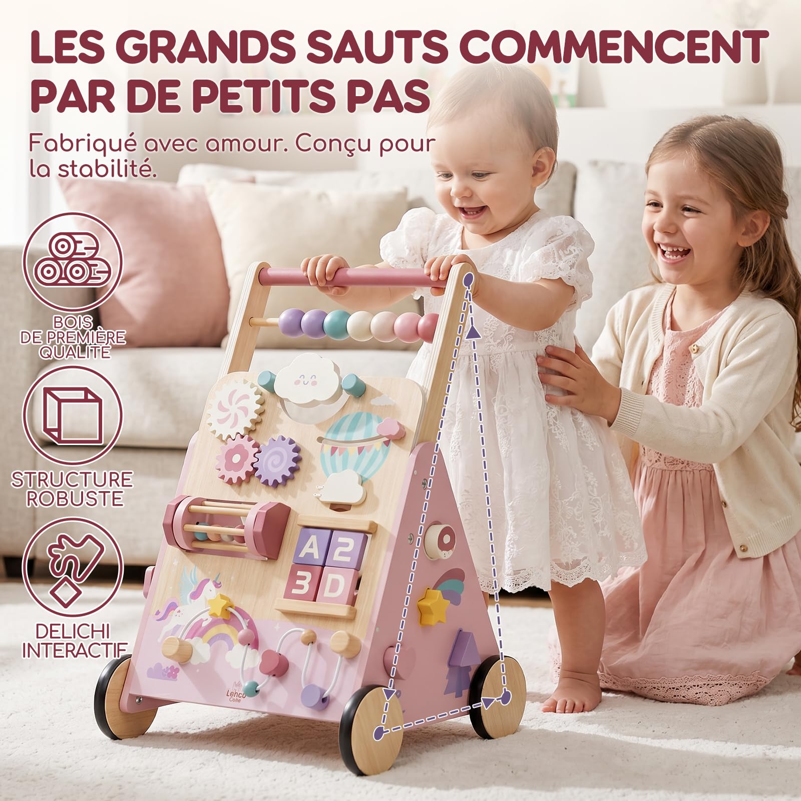 Lehoo Castle Chariot de Marche Bébé en Bois, Trotteur Bébé Fille | Baby Walker avec Frein Réglable, Licorne Rose, Centre d’Activités 10-en-1, Aide à la Marche, Cadeau pour Fille de 1 An