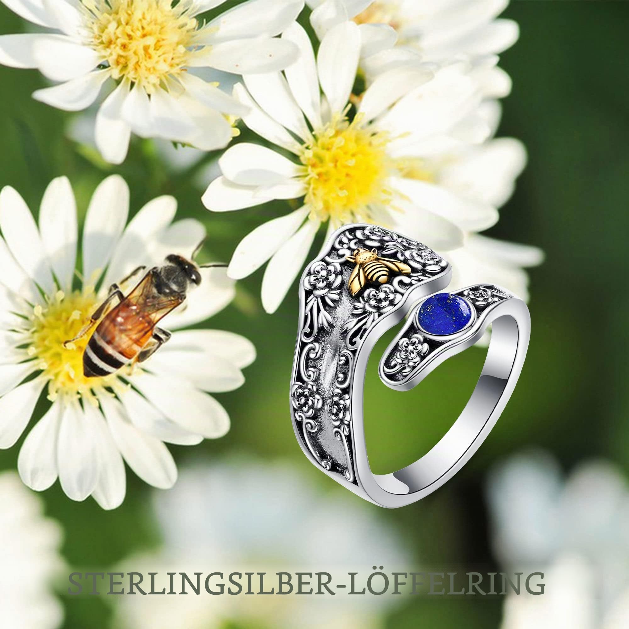 925 Sterling Silber Floral/Totenkopf Löffel Ring Vintage Verstellbarer Daumen Ring für Frauen Edelstein Ringe für Schwester Tochter Freund