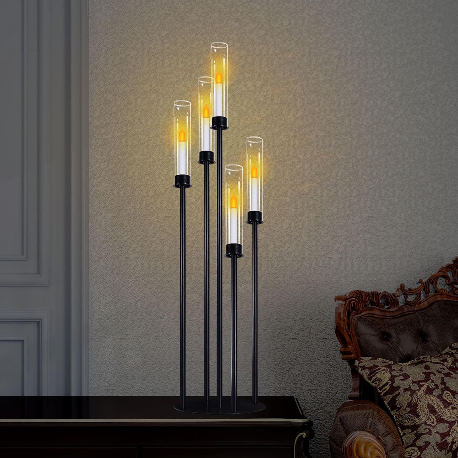 Candelabro nero con cilindri di vetro per candele vere a 5 teste, in metallo, centrotavola per matrimoni, cerimonie, ricevimenti, eventi, feste, decorazione per la casa (1, L)
