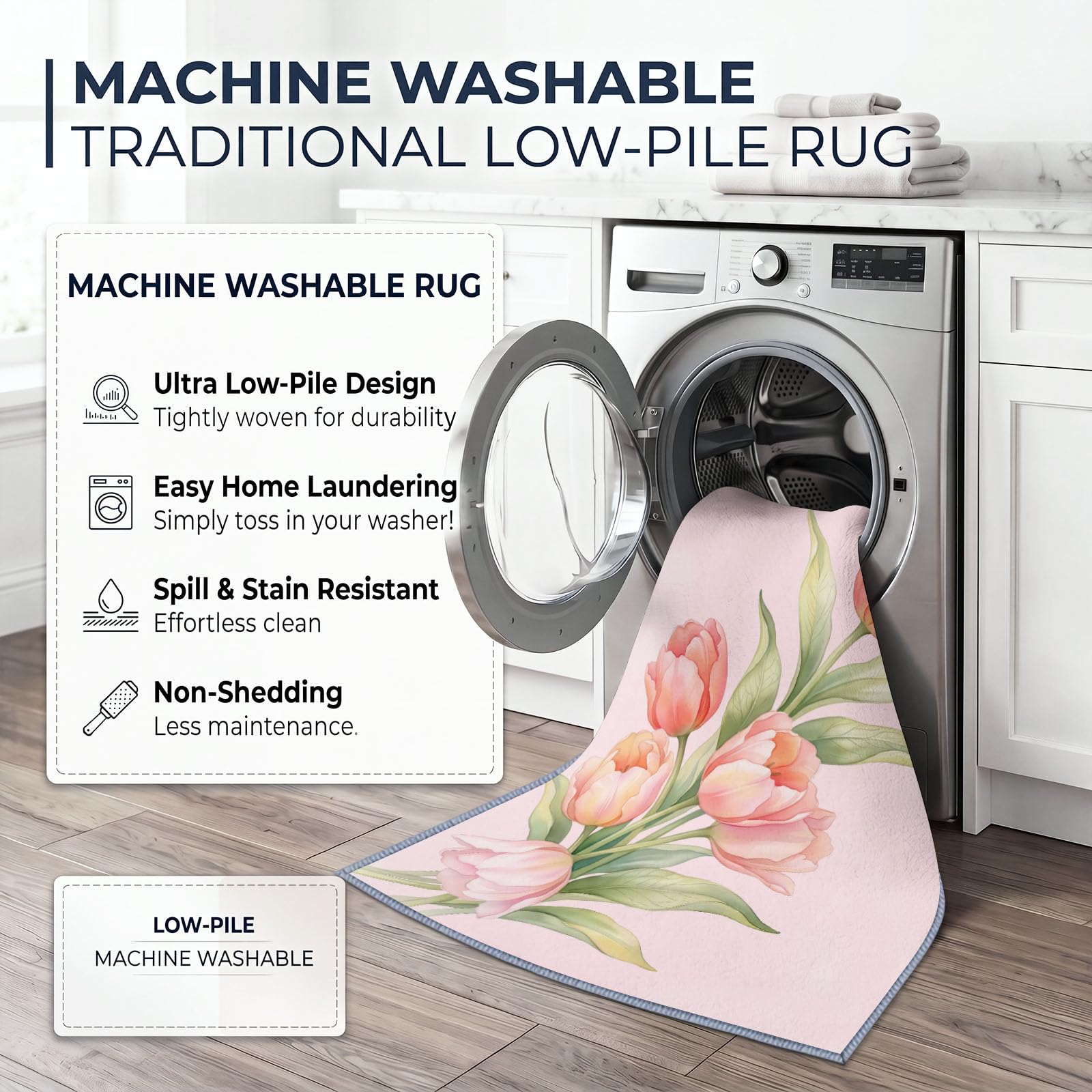 Generisch Floral Tulpe Waschbarer Teppich Wohnzimme 160x230 cm, Weich Kurzflor rutschfest Elegant Natur Kunst Teppich für Schlafzimmer Esszimmer Büro