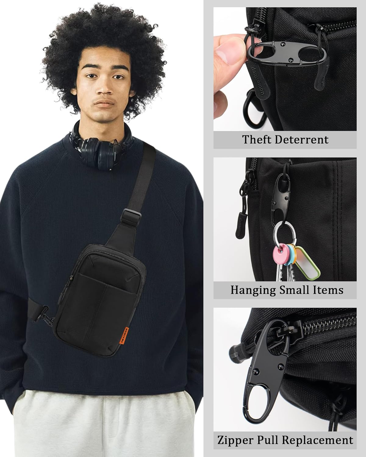 Peicees Small Anti Theft Sling Bag with Zipper Clip for Men Women, Waterproof Mini Crossbody Chest Bag for Travel Work Sport