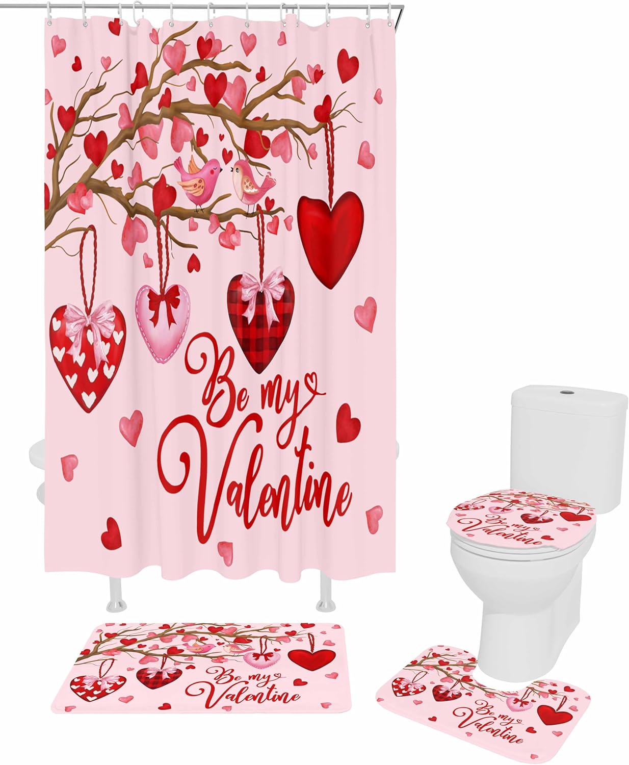 Valentine's Day,Bathroom Set with Shower Curtain and Rug and Accessories - 66x72 Inches Long Valentine Tree Red Hearts Love Plaid Bathtub Floor Runner Rug Set Bathtub Curtains Waterproof with Bath Mat