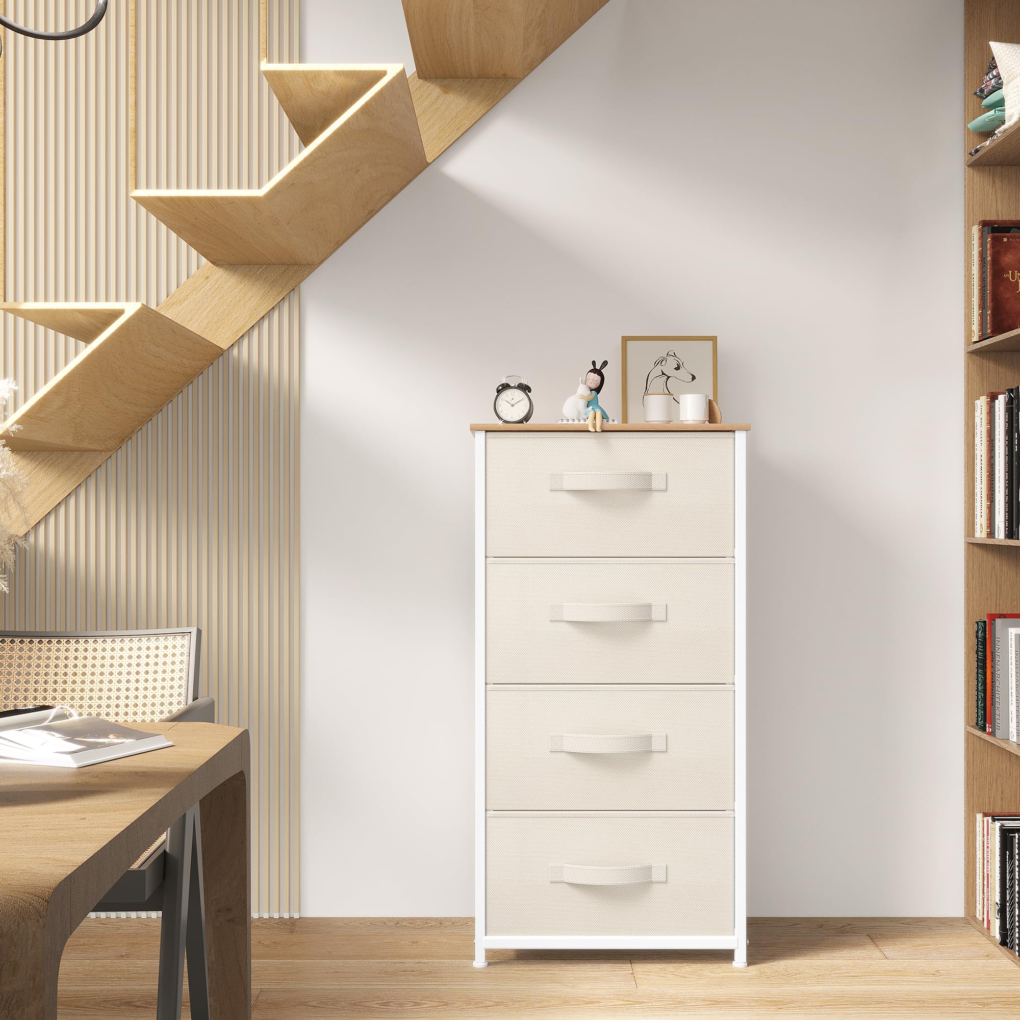 YITAHOME Komoda z 4 szufladami do sypialni, komoda z uchwytami, metalowa rama, do salonu, korytarza, pokoju dziecięcego, kremowo-biała