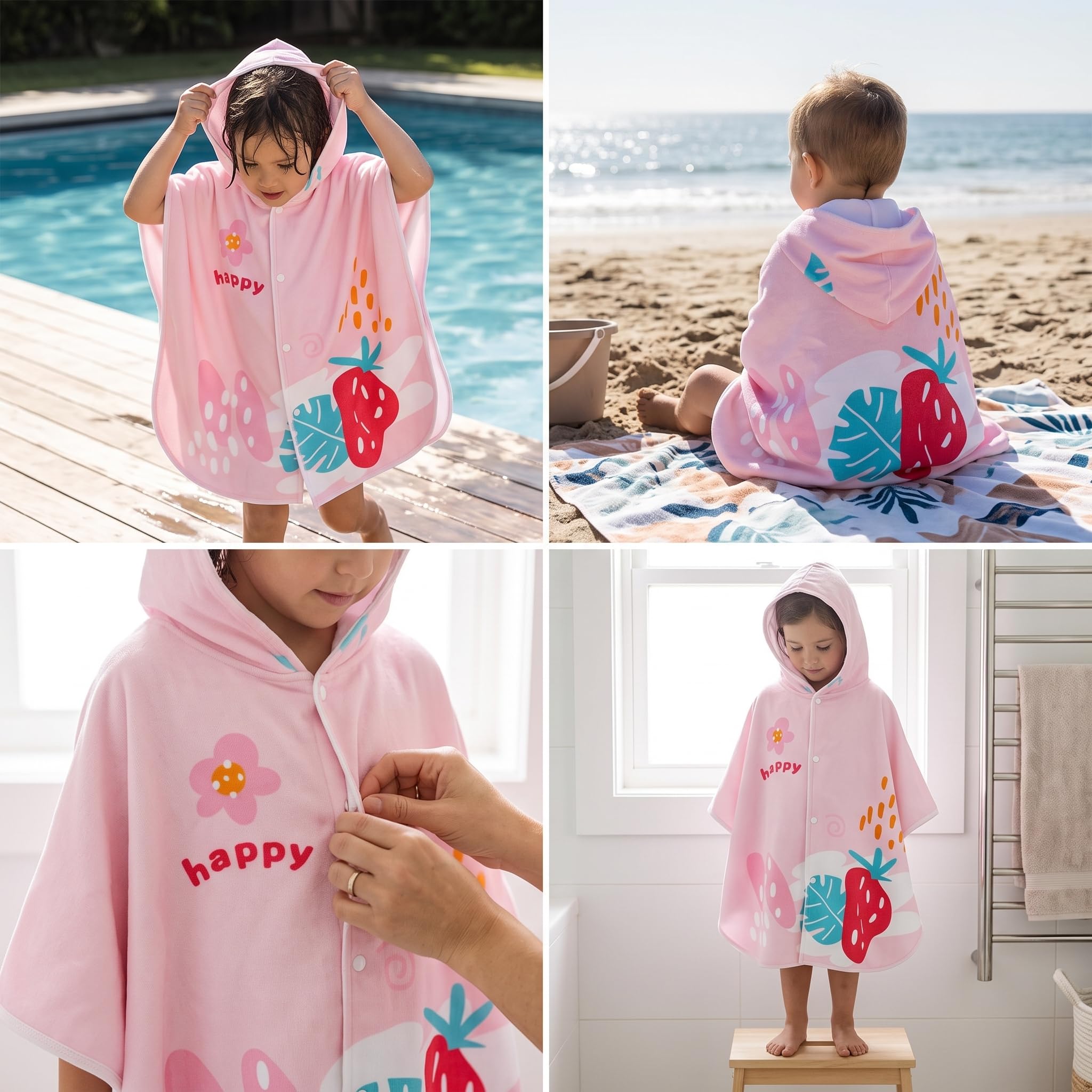 Badetuch mit Kapuze, Schnelltrocknend Strand für Mädchen und Jungen, Handtuch mit Kapuze, Erdbeerrosa, L-Größe【Geeignet für Körpergröße 115-150cm】