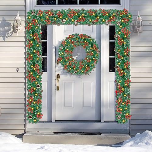 Miniatura 5 de Guirnalda de Navidad con luces, guirnalda de 30 luces LED de 9 pies, funciona con pilas, decorada con piñas, bayas, pino nevado artificial,
