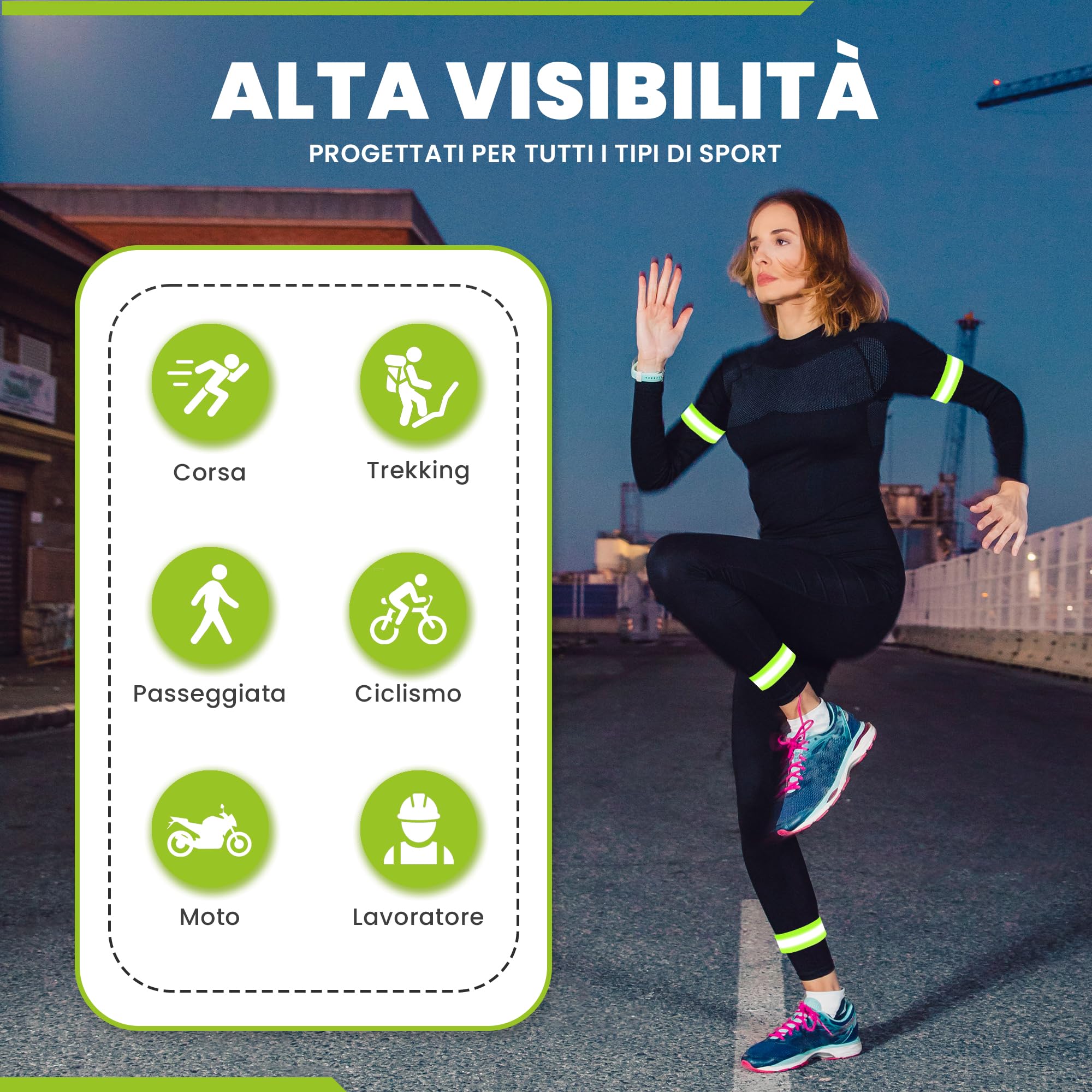 Bracciali Riflettenti a Doppia Striscia 5 cm Chiusura Regolabile 8 cm Visibilità 360° per Braccia Gambe Caviglie