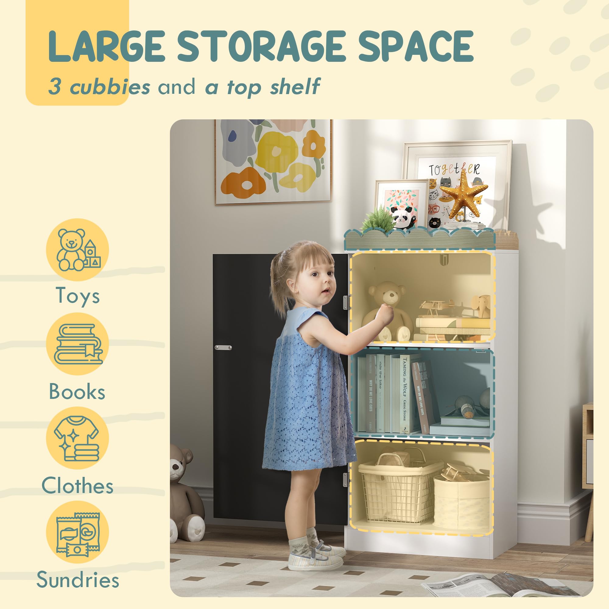 AIYAPLAY Contenitore per Bambini, Contenitore per Giocattoli per Bambini, Armadio per Bambini con Anta a Lavagna, 3 Scomparti e ripiano Superiore per Camera da Letto, Stanza dei Giochi, cameretta,